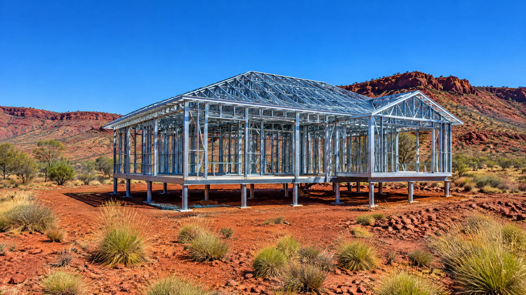 Welded steel house frame on red dirt in the Pilbara