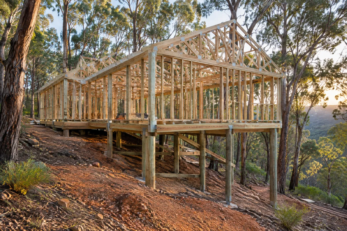 Pole home framed in the Perth Hills